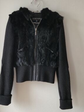 Blanc Noir Rabbit Fur Mixed Media Hooded Bomber Jacket M, Y2K